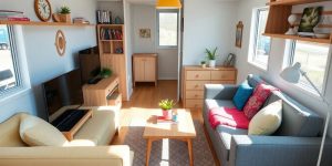 Sala de zi mică, mobilă funcțională, soluții de depozitare.