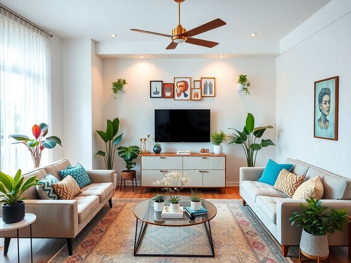 Camera amenajată cu mobilier elegant și plante decorative.