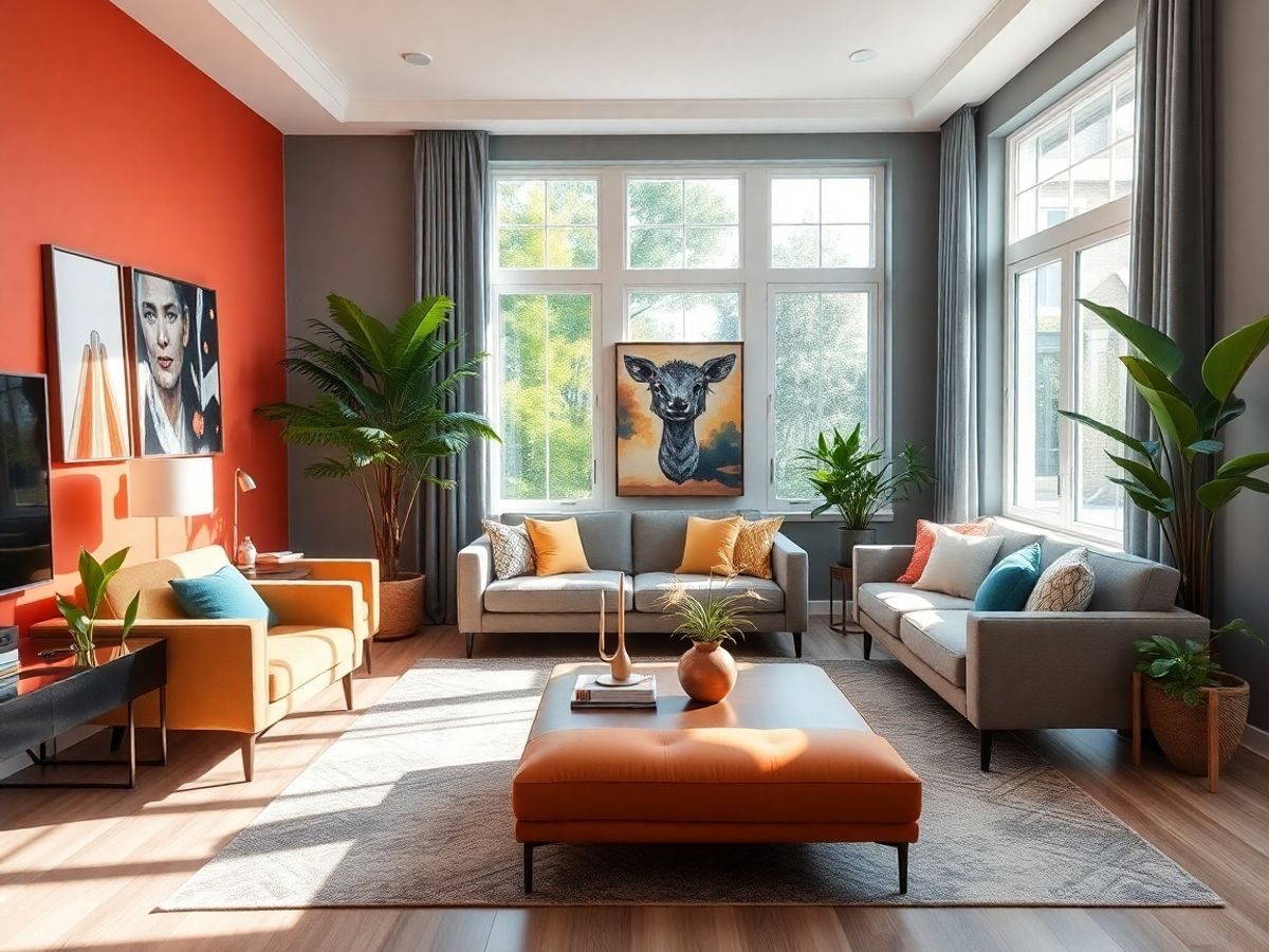 Camera de zi renovată, mobilă modernă, plante verzi.