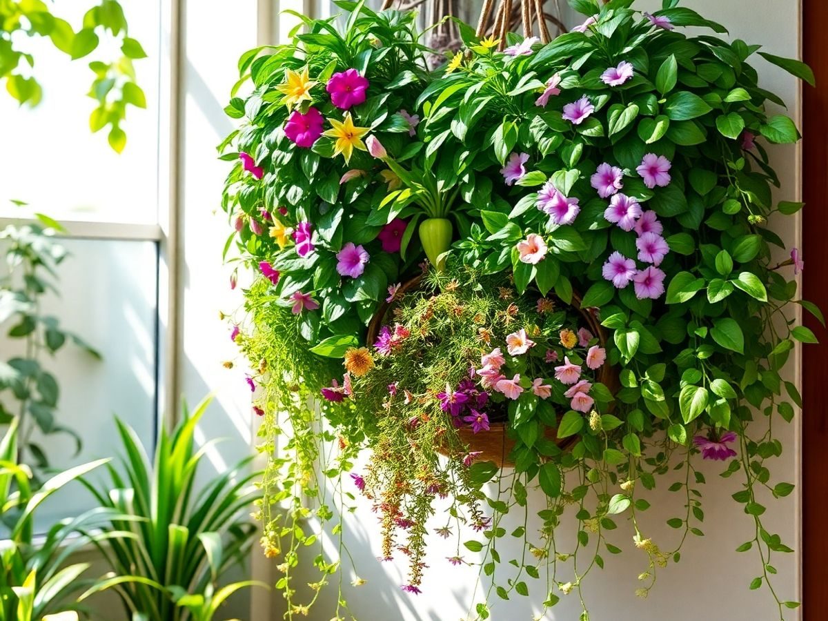 Gradina suspendata cu plante verzi si flori colorate.