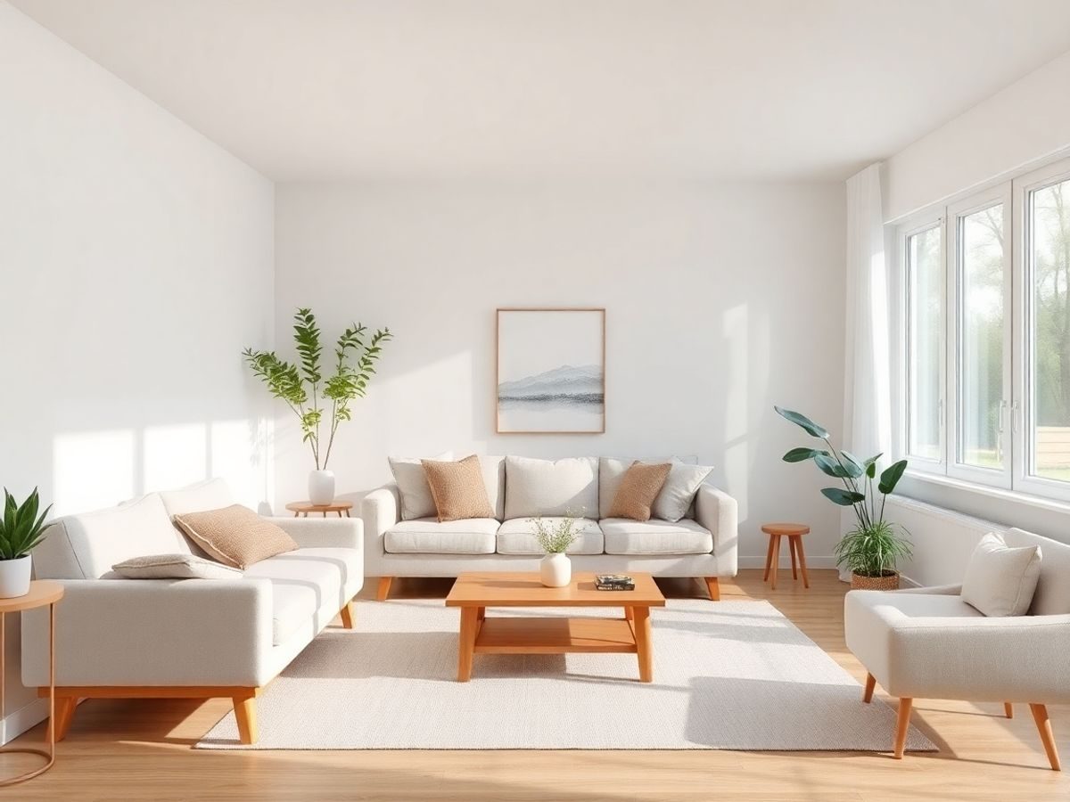 Spațiu de locuit minimalist, lumină naturală, mobilă simplă.