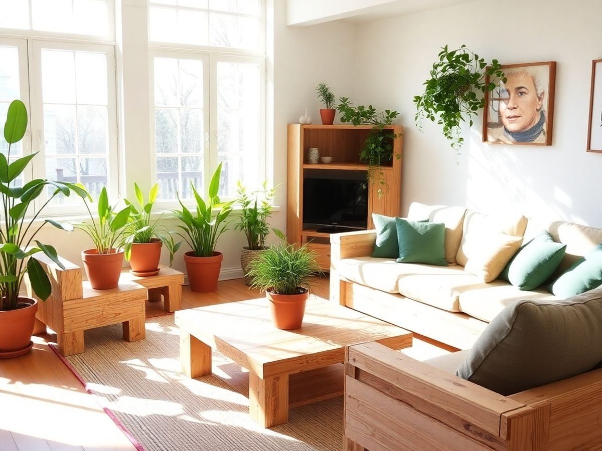 Mobilier din lemn reciclat, plante verzi luxuriante