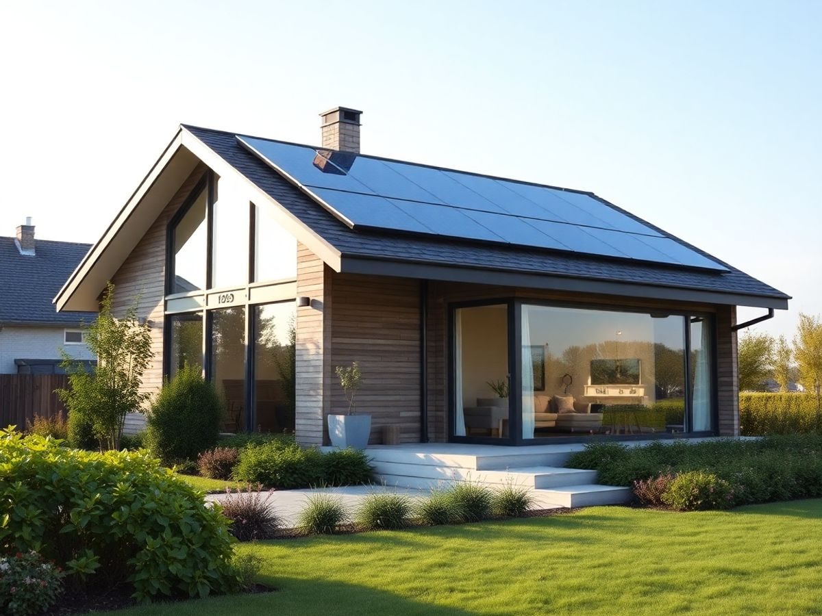 Casă modernă cu panouri solare, eficiență energetică