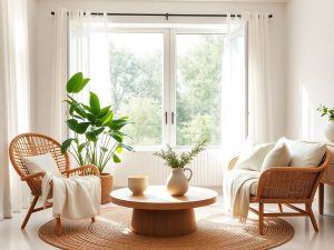 Living aerisit cu fereastră deschisă, perdele diafane și plante verzi