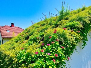 Casă cu grădină luxuriantă pe acoperiș.