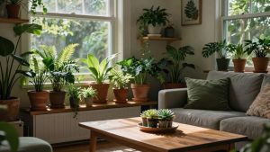 Casă cu plante verzi, lumină naturală, atmosferă calmă.